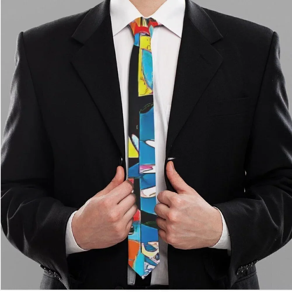 Tie Designer Menswear Necktie Mid Century Patchwork Blue Modernist Abstract Art